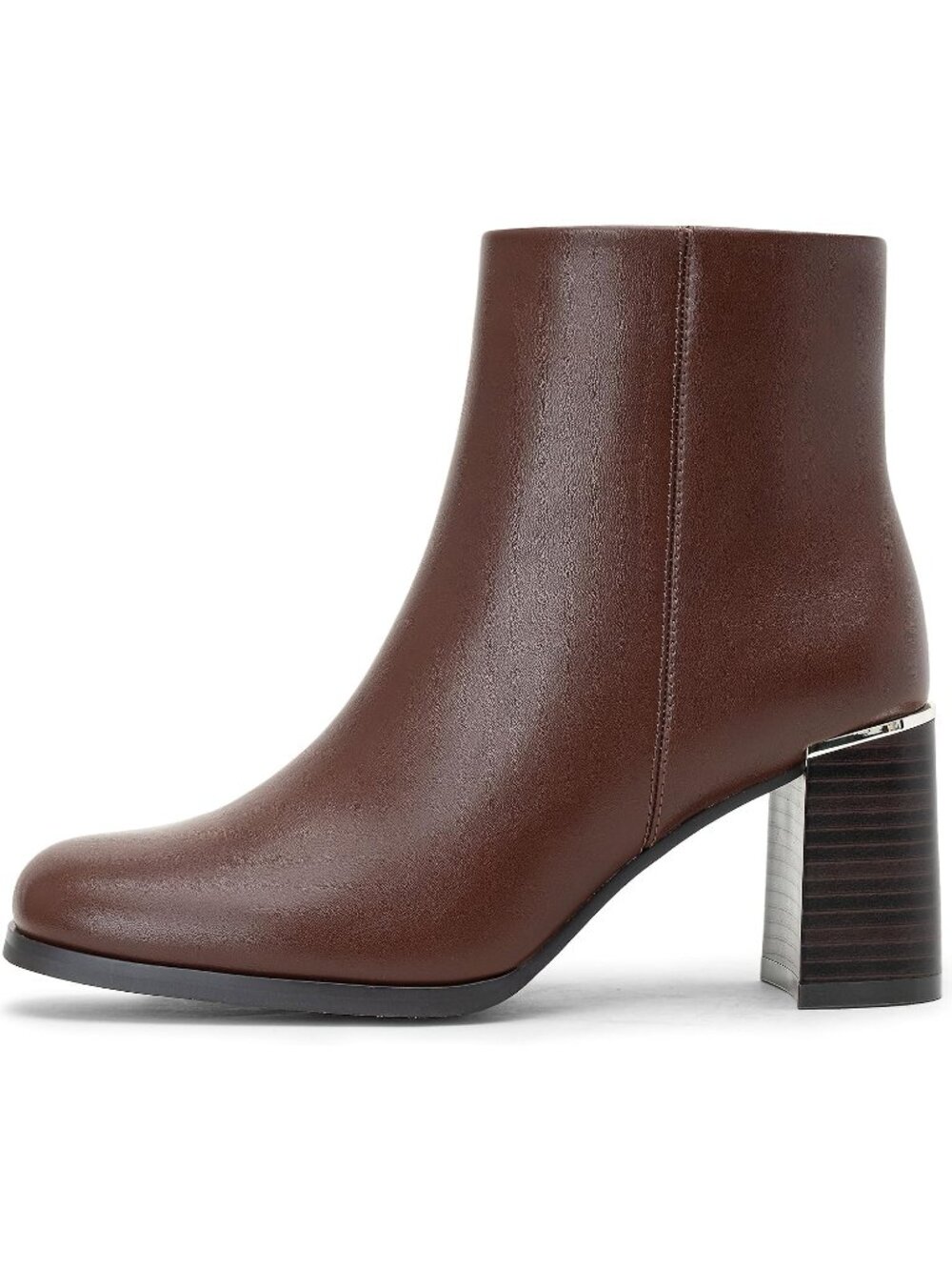 Women's Cognac Square Round Toe Chunky Heel Ankle Boots with Side Zipper Booties